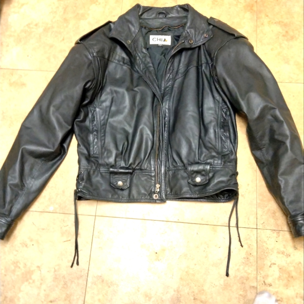 Black leather ladies bike jacket